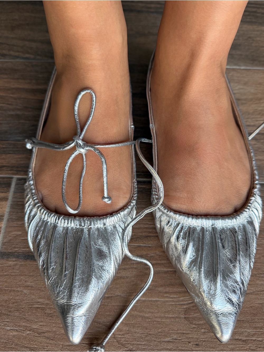 Steve Madden Metallic Silver Pointed Ballet Flats with Ankle Tie
